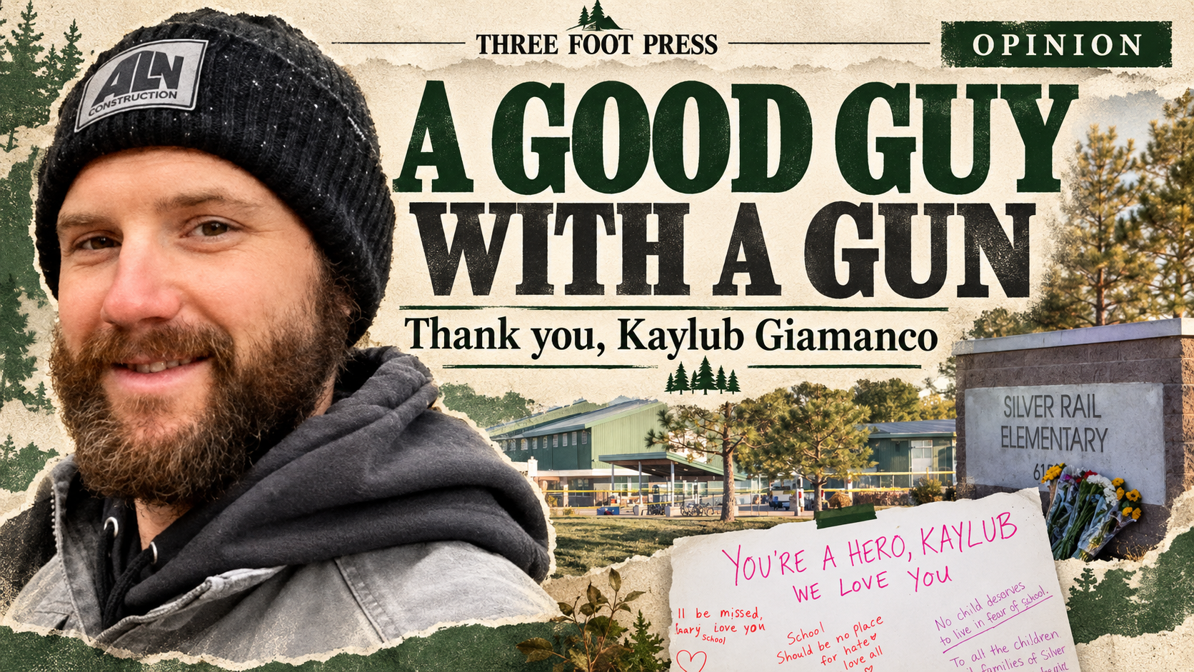 Editorial collage honoring Kaylub Giamanco, with Silver Rail Elementary School and a community tribute.