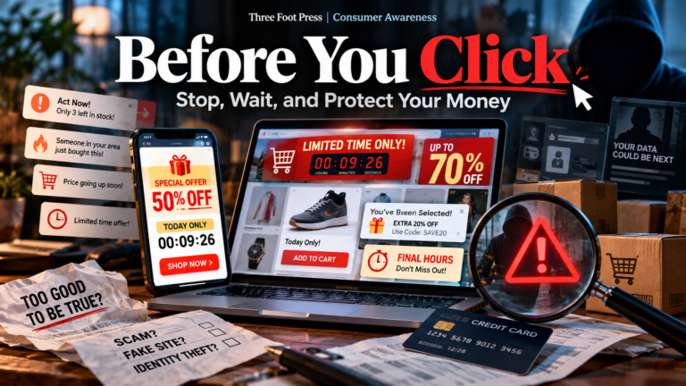 Editorial illustration of online shopping advertisements and fraud warnings.