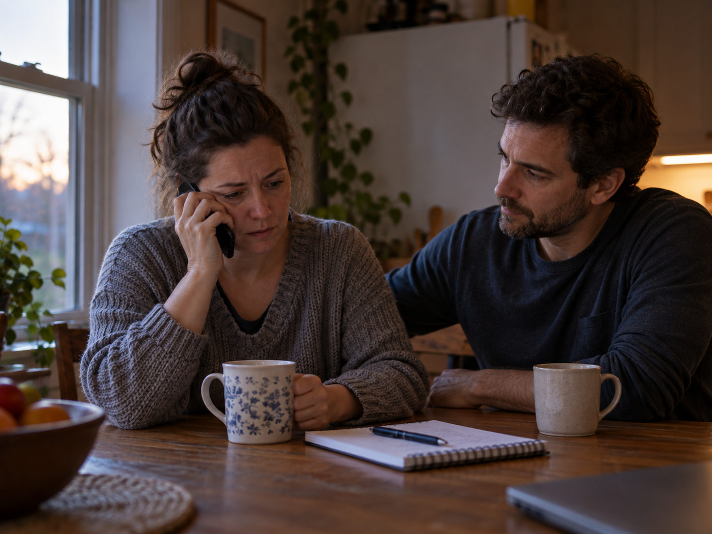 A woman calling for help with a supportive person close by