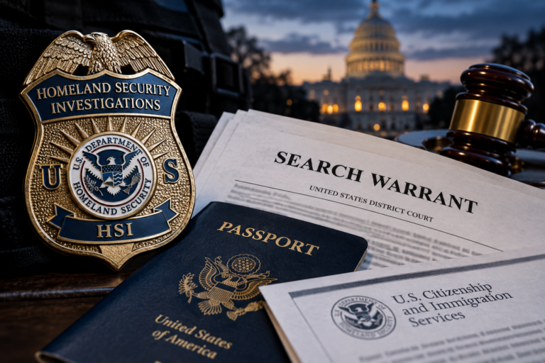 Editorial illustration depicting federal investigation documents, a search warrant, passport and Capitol building; not an actual photograph of the search.