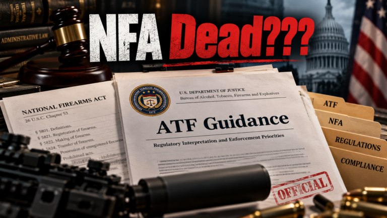 Editorial illustration about ATF National Firearms Act guidance with headline NFA Dead???