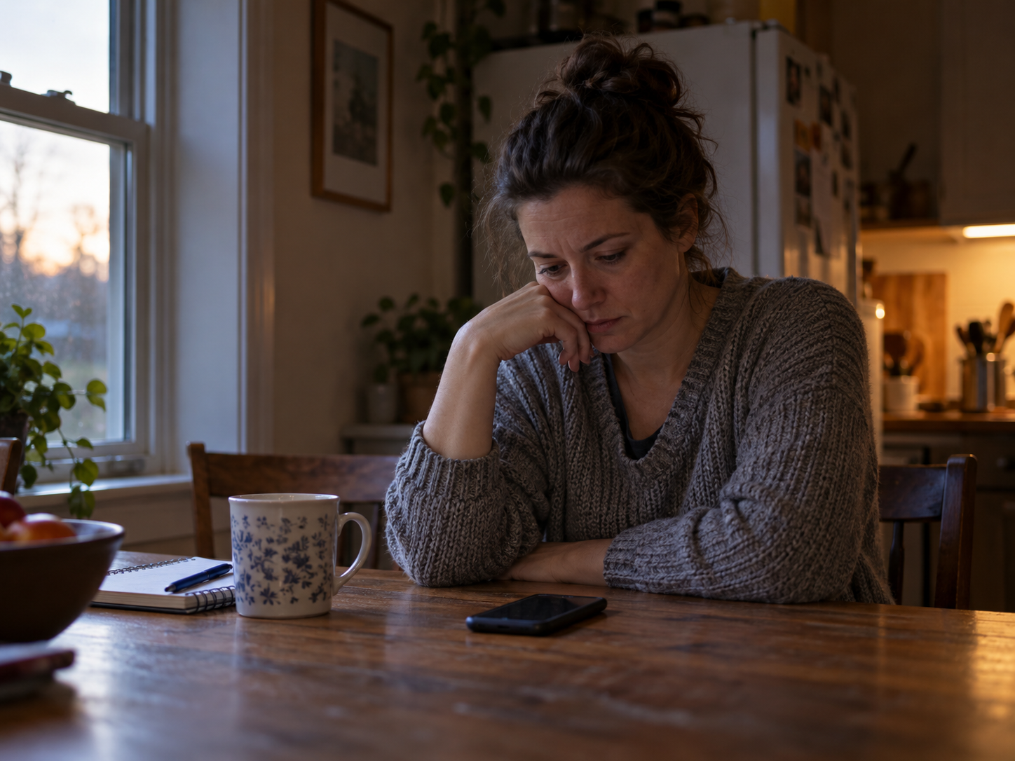 A woman alone at a kitchen table considering a phone call for help