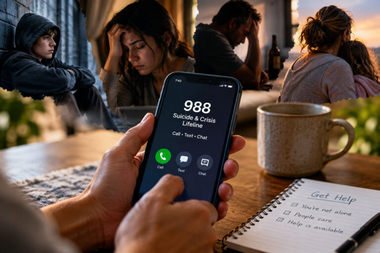 People facing personal crises, with a phone showing 988 Suicide and Crisis Lifeline